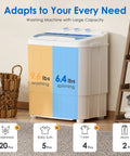 Compact 16 lb portable washer dryer combo perfect for apartments, dorms, RVs, and camping with 9.6 lb wash and 6.4 lb spin capacity visible