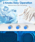 Compact 16 lb portable washer dryer combo with 3 knobs for easy operation, separate wash and spin time settings.