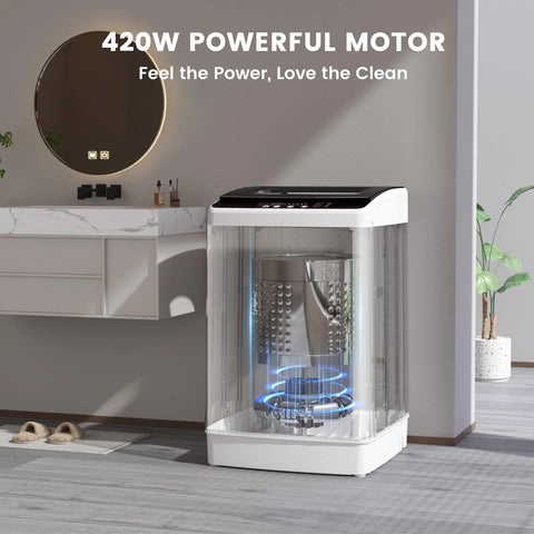Compact Portable Washing Machine For Apartments With 35 Lb Capacity, 12 Wash Cycles, shown in a modern bathroom setup