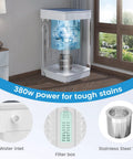 Compact 20 lb full-automatic portable washing machine with 7 wash cycles and an LED display in a room setting, showcasing 380W power, water inlet, filter box, and stainless steel tub.