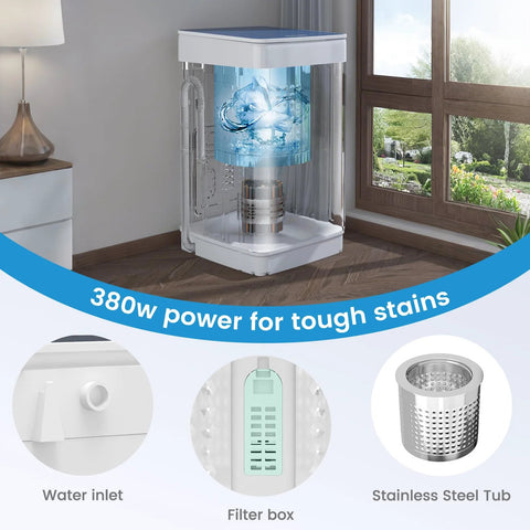 Compact 20 lb full-automatic portable washing machine with 7 wash cycles and an LED display in a room setting, showcasing 380W power, water inlet, filter box, and stainless steel tub.