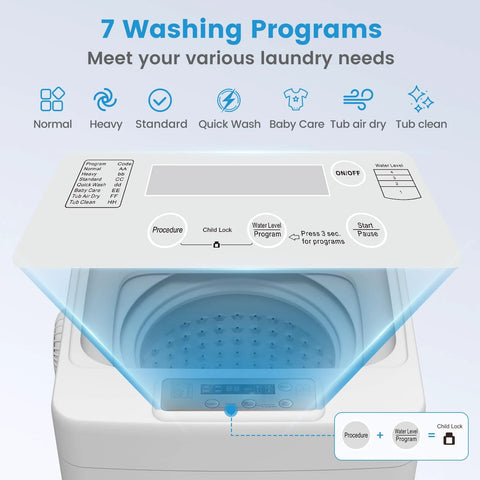 Compact 20 lb full-automatic portable washing machine with 7 wash cycles and an LED display, perfect for apartments, dorms, and RVs
