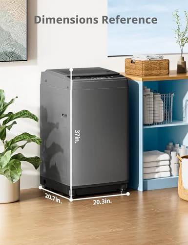 Compact 1.6 Cu Ft Portable Washing Machine With Wheels 11 Lb Capacity Fully Automatic Top Load Washer Six Wash Programs Built In Drain Pump Ideal For Apartments Dorms RVs Campers And Small Cabins In Magnetic Gray with dimensions 37x20.7x20.3 inches shown next to shelves in modern interior.