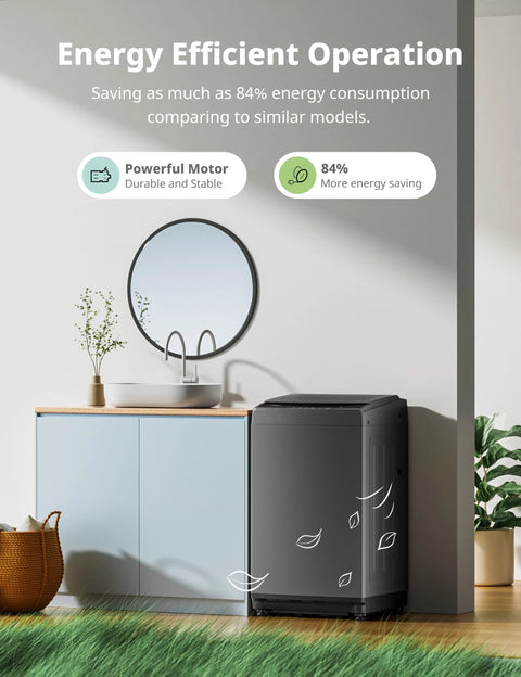 Compact 1.6 Cu Ft Portable Washing Machine With Wheels 11 Lb Capacity Fully Automatic Top Load Washer in Magnetic Gray next to sink