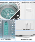 Compact Portable Washing Machine For Apartments With 35 Lb Capacity showing interior tub, lint filter, water inlet, and adjustable foot.