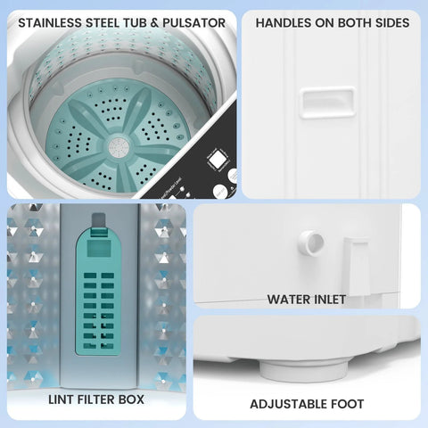 Compact Portable Washing Machine For Apartments With 35 Lb Capacity showing interior tub, lint filter, water inlet, and adjustable foot.