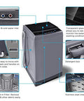 Compact 1.6 Cu Ft Portable Washing Machine With Wheels 11 Lb Capacity Fully Automatic Top Load Washer with features labeled