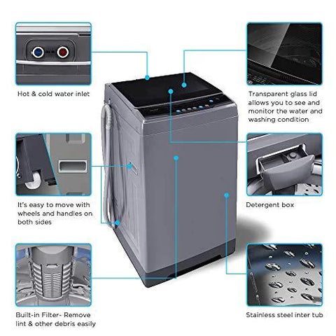 Compact 1.6 Cu Ft Portable Washing Machine With Wheels 11 Lb Capacity Fully Automatic Top Load Washer with features labeled
