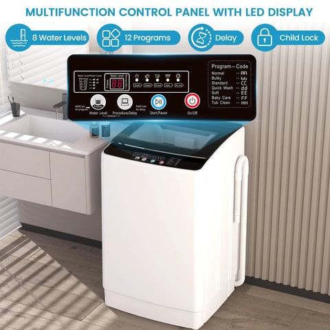 Compact Portable Washing Machine For Apartments With 35 Lb Capacity, 12 Wash Cycles, 8 Water Levels, and LED Control Panel