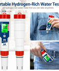 4 In 1 Water Quality Tester For Drinking Water With pH, Hydrogen H2, ORP And Temperature Readouts shown in pocket and hand