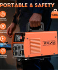 Person holding 135A Flux Core MIG Welder 110V Gasless Portable 3 In 1 Welding Machine showing safety features.