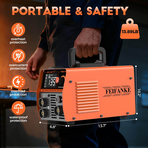 Person holding 135A Flux Core MIG Welder 110V Gasless Portable 3 In 1 Welding Machine showing safety features.