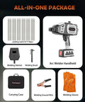 All-in-one package with Pro Grade 120 Amp Portable Welder With IGBT Inverter And Five Current Settings, rods, and accessories.