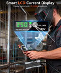 Person using 2 In 1 Handheld MIG And Stick Welder For Home DIY And Farm Repair PLOWIC 250A Portable 110V with LCD display in workshop