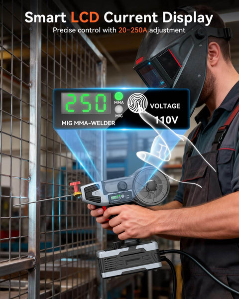 Person using 2 In 1 Handheld MIG And Stick Welder For Home DIY And Farm Repair PLOWIC 250A Portable 110V with LCD display in workshop