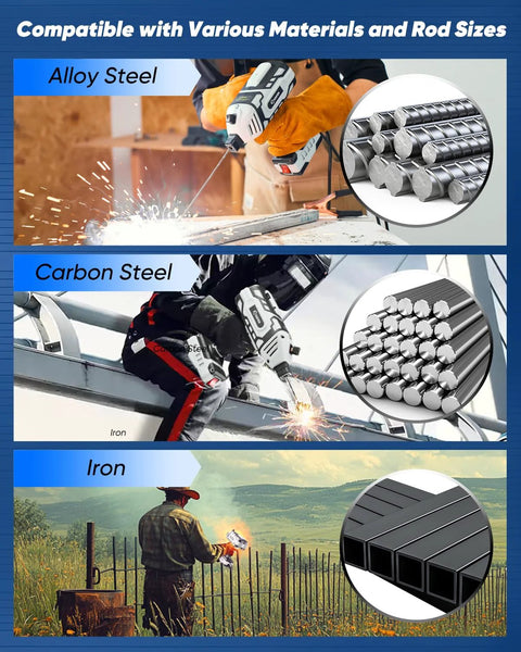 Scenes of 110V Portable IGBT Inverter Welder With 5 Current Settings used on alloy, carbon steel, and iron materials.