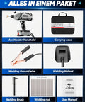 Components of 110V Portable IGBT Inverter Welder With 5 Current Settings, including arc welder, carrying case, and accessories.