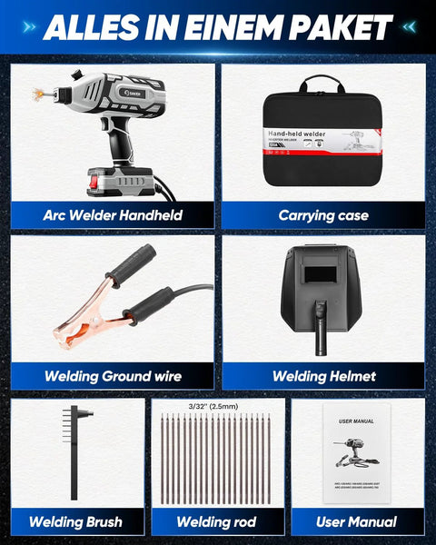 Components of 110V Portable IGBT Inverter Welder With 5 Current Settings, including arc welder, carrying case, and accessories.