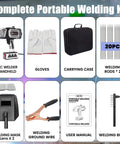 Complete kit showing Portable 110V Handheld Welder With IGBT Inverter, gloves, carrying case, 20 welding rods, and accessories.