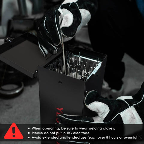 Portable Welding Rod Oven For Stick Electrodes 15Lb Capacity 110V showing electrodes inside with usage instructions