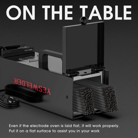 Portable Welding Rod Oven For Stick Electrodes 15Lb Capacity 110V Temperature Controlled 85 To 300 Fahrenheit Fits 14 Inch Rods Moisture Protection Electrode Oven By YesWelder open on table with electrodes visible.