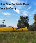 Yellow carry bag on grass labeled 'Pop Up Work Tent With Instant Tool Free Setup, Portable Shelter For Outdoor Worksite'