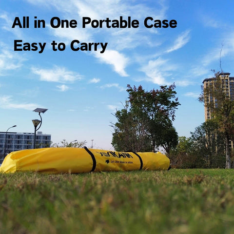 Yellow carry bag on grass labeled 'Pop Up Work Tent With Instant Tool Free Setup, Portable Shelter For Outdoor Worksite'