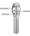 Close-up of POS12 Spherical Rod End Bearing 12mm Bore With Self-Lubricated Joint M12x1.75 Left Hand Male Thread showing materials: #45 steel, bearing steel, and H52 brass.