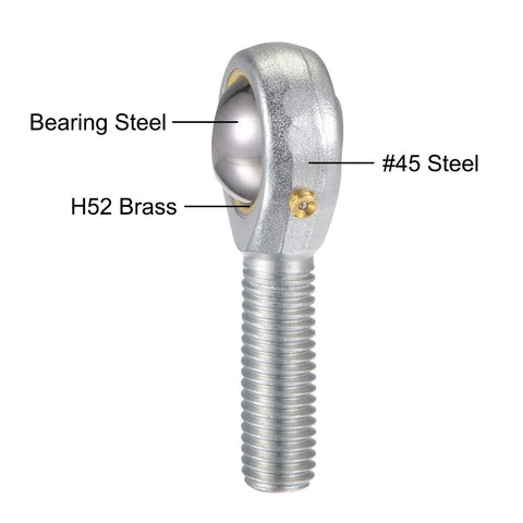 Close-up of POS12 Spherical Rod End Bearing 12mm Bore With Self-Lubricated Joint M12x1.75 Left Hand Male Thread showing materials: #45 steel, bearing steel, and H52 brass.