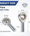 Product size of 4 Pack POSB8 rod end bearings with 1/2 inch bore, 1/2-20 left hand thread, and self lubricating steel joint with jam nuts.
