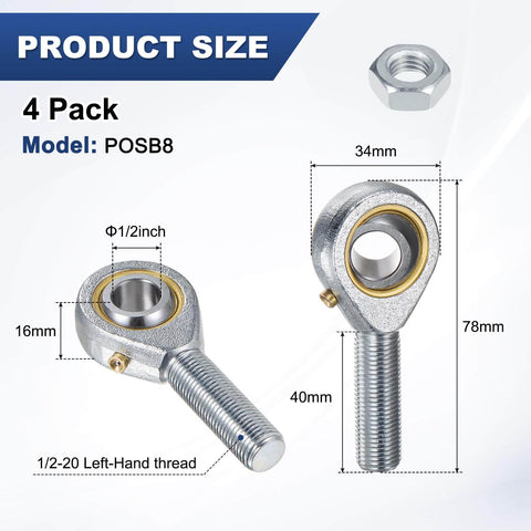 Product size of 4 Pack POSB8 rod end bearings with 1/2 inch bore, 1/2-20 left hand thread, and self lubricating steel joint with jam nuts.