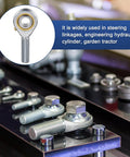 4 Pack POSB8 Rod End Bearings with 1/2 Inch Bore, 1/2-20 Left Hand Thread, displayed with jam nuts on machinery