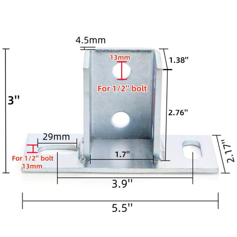 Front view of Four Pack U Post Base Brackets for 1 5 8 Inch Square Channel with Two Slotted Holes, Heavy Duty Galvanized Steel