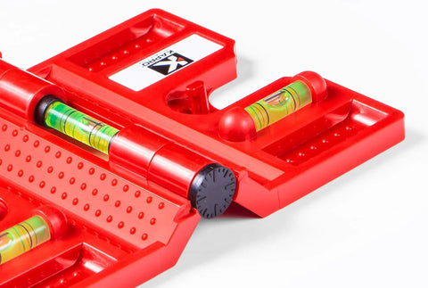 Effortlessly align posts and pipes with the 340 Postrite adjustable folding post level, showing magnetic body with three vials.