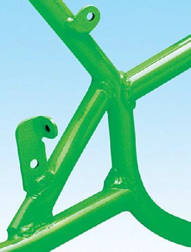 Green bike frame coated with Dual Voltage Powder Coating System With Minimal Overspray And A Larger Ground Clamp For Home Hobbyists.