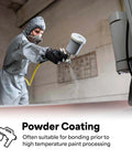 Person in protective gear using a spray gun for powder coating, highlighting application of Sticks Like Crazy High Temp Dark Gray Double Sided Foam Tape 4611.