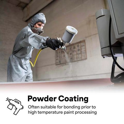 Person in protective gear using a spray gun for powder coating, highlighting application of Sticks Like Crazy High Temp Dark Gray Double Sided Foam Tape 4611.