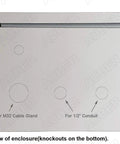 Bottom view of powder coating oven controller kit enclosure showing knockouts for M32 cable gland and 1/2 inch conduit.
