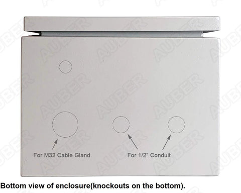 Bottom view of powder coating oven controller kit enclosure showing knockouts for M32 cable gland and 1/2 inch conduit.
