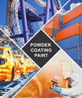 Collage of powder coating paint applications on cars, metal structures, and shipping containers.