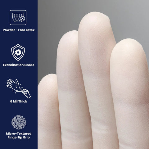 Close-up of Powder Free 6 Mil Latex Gloves With Textured Grip For Medical Dental Use 1000, showing micro-textured fingertip grip.