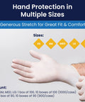 Powder Free 6 Mil Latex Gloves With Textured Grip For Medical Dental Use 1000, showing multiple sizes and gloved hand.
