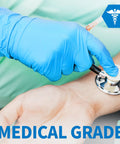 Blue nitrile exam gloves on a gloved hand using a stethoscope in a medical setting.