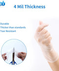 Image showing Powder Free Vinyl Gloves 4.3 Mil Clear Latex Free For Food Service Cleaning, highlighting 4 mil thickness and durability.