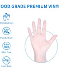 Hand wearing Powder Free Vinyl Gloves 4.3 Mil Clear Latex Free For Food Service Cleaning, emphasizing ambidextrous and BPA Free features.