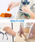 Multi-use applications of Powder Free Vinyl Gloves 4.3 Mil Clear Latex Free For Food Service Cleaning in various tasks.