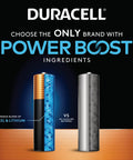 Duracell alkaline AAA batteries with Power Boost, featuring nickel and lithium blend for long-lasting power.