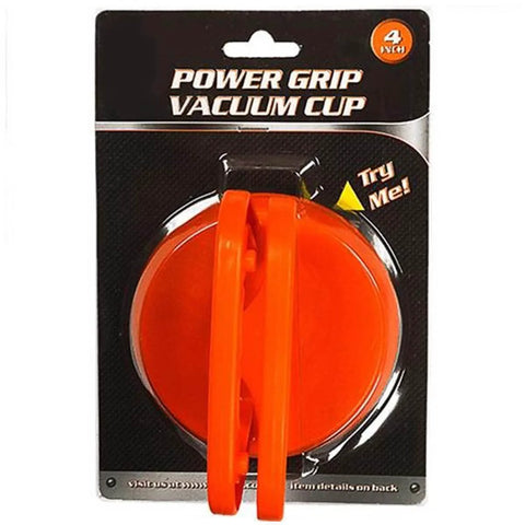 Power Grip Vacuum Suction Cup Dent Puller Handle in packaging, orange 5 inch cup with rugged nylon handle for lifting glass and metal.