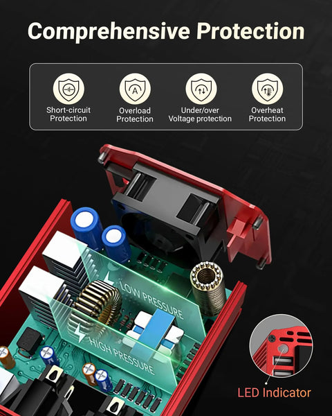 Internal view of Power Inverter 12V DC To 110V AC For Cars With Aluminum Housing showcasing protection features and components