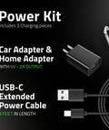 Cordless Tire Inflator With Power Kit Bundle showing car adapter, home adapter, and USB-C cable for on the road charging